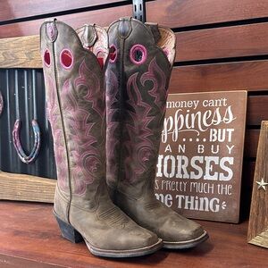 Tony Lama Brown Leather Western Heeled Boots with Pink Stitching